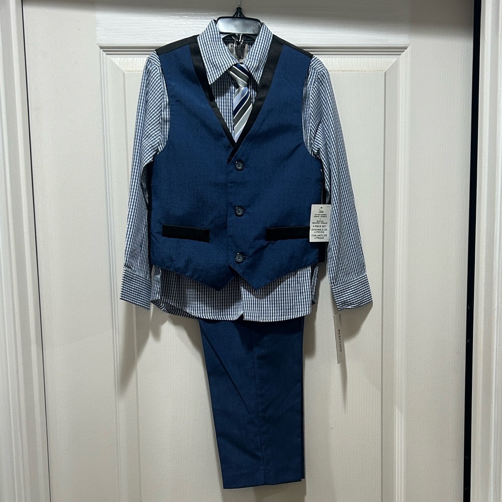 NEW! 4 pc Kenneth Cole Reaction Boys' Blue Vest Suit w/ Tie & matching pants